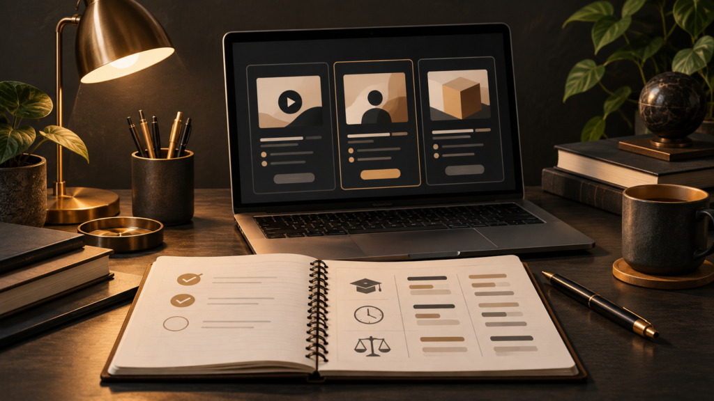 Ilustração de notebook com opções de aulas, caderno de comparação e luminária sobre uma mesa escura com detalhes dourados.